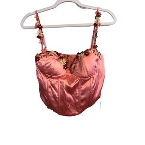 New Parthea Womens Top Small Pink Cami Crop Satin Bustier Corset Cami Floral‎